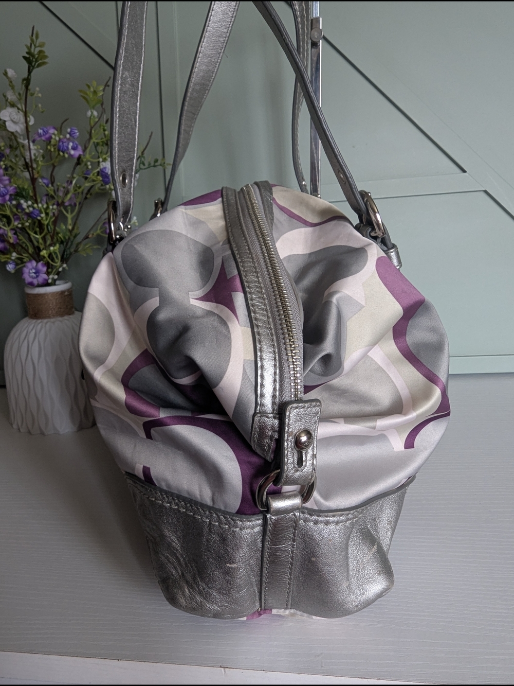 Coach Purple Signature Canvas Satchel with Silver Leather Trim - Picture 3 of 10